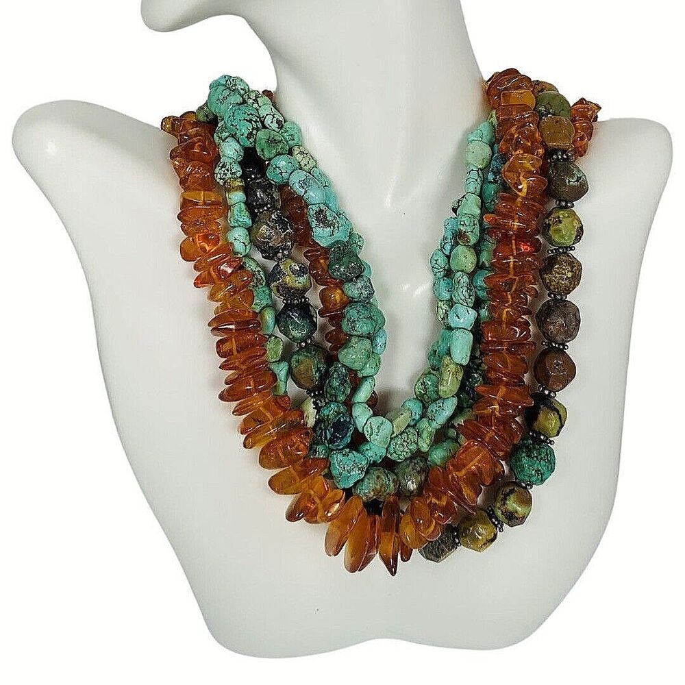 M Salazar 925 Sterling Silver Amber Turquoise Multistrand Statement Necklace 19" - Picture 7 of 16